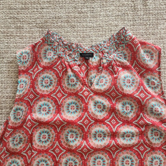 Talbots Womens XL Red Blue Medallion Print Sleeveless Cotton Ruffle Neck Blouse - Picture 6 of 7